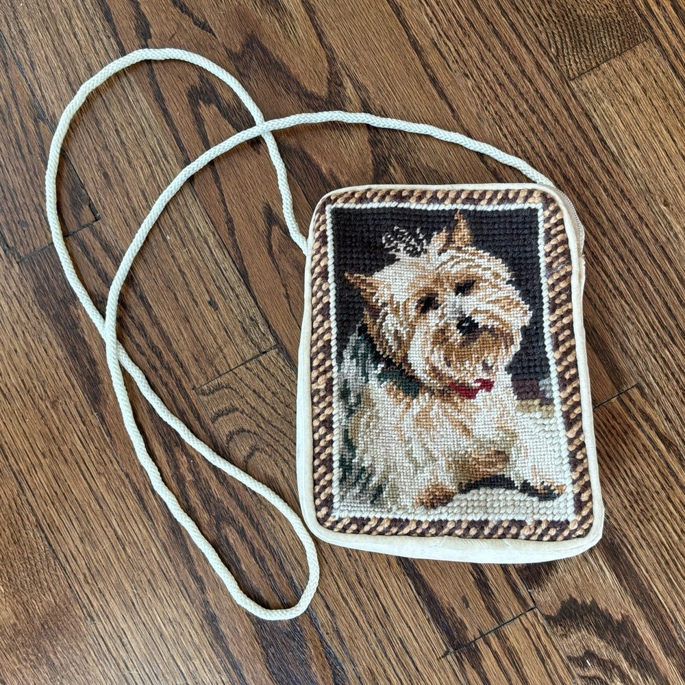VTG Needlepoint Wool Purse Yorkshire Terrier Dog Crossbody Dog Lover Gift